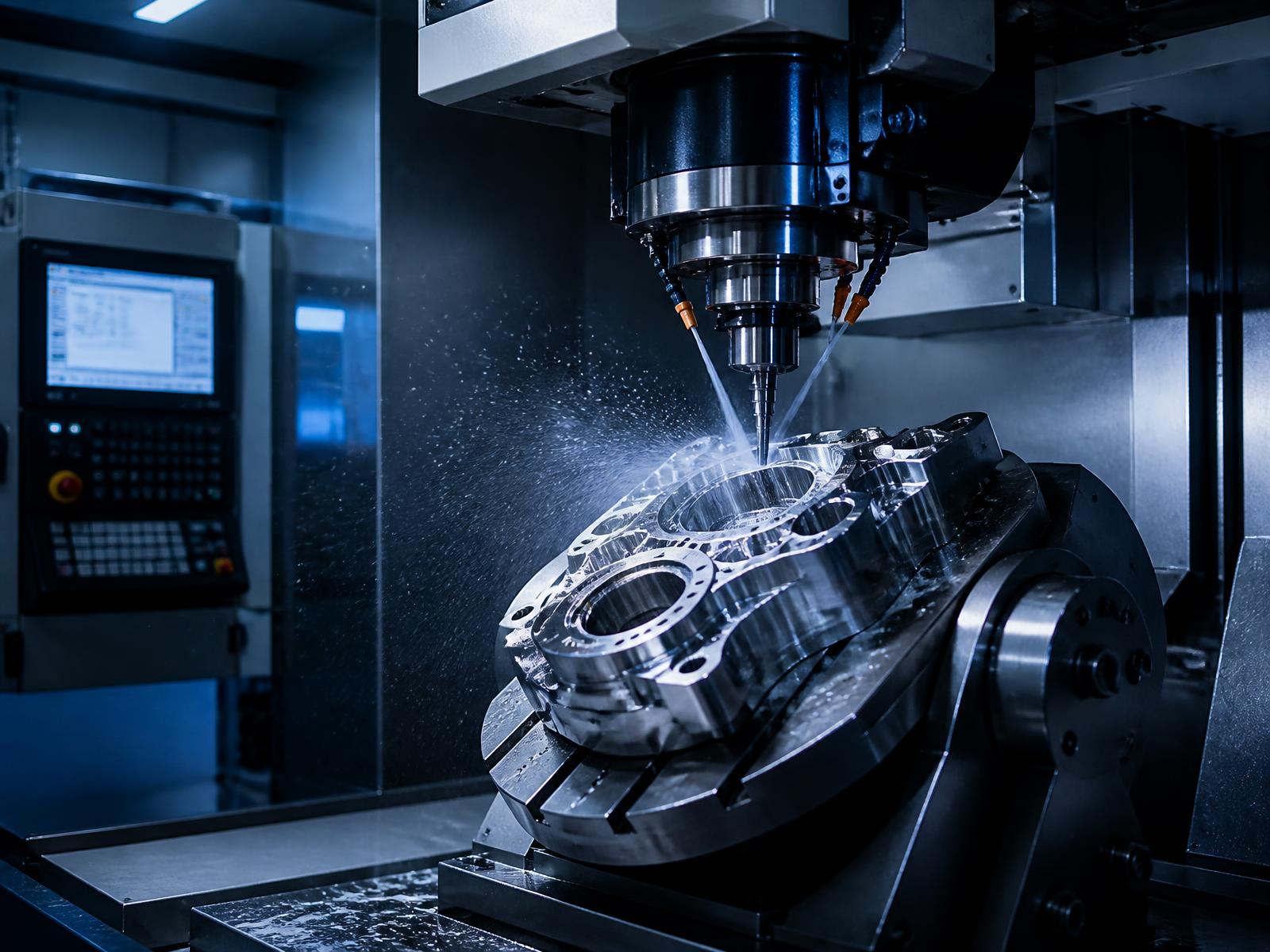 Five-axis CNC machining centre cutting a polished aluminium part