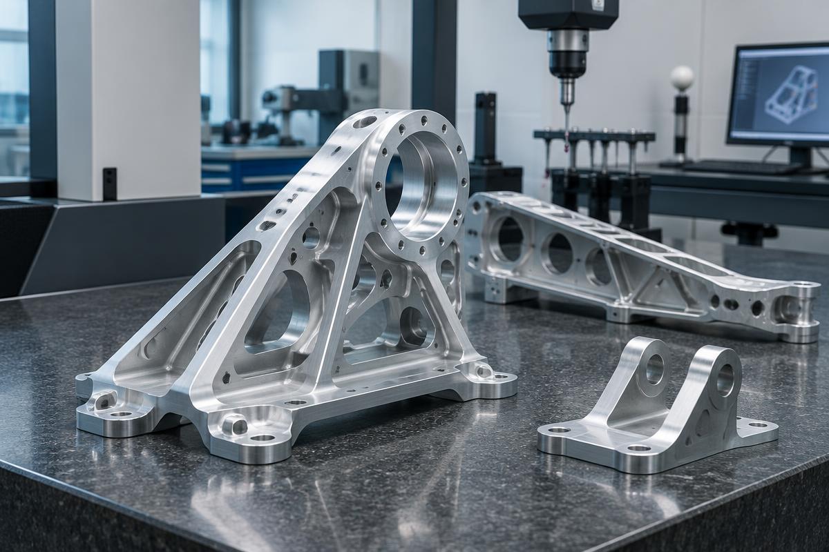 Precision-machined lightweight aluminium aerospace brackets on an inspection bench