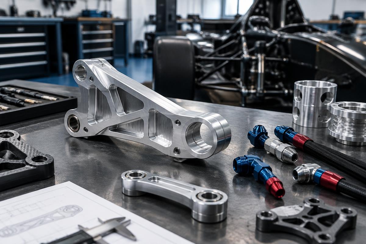 Machined aluminium motorsport suspension parts and fluid fittings on an engineering bench