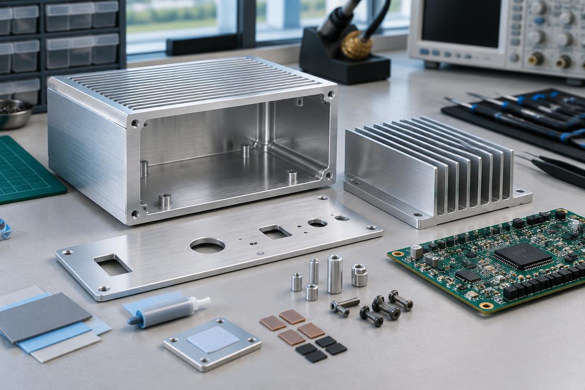 Machined aluminium electronics enclosure, heatsink and faceplate beside a circuit board