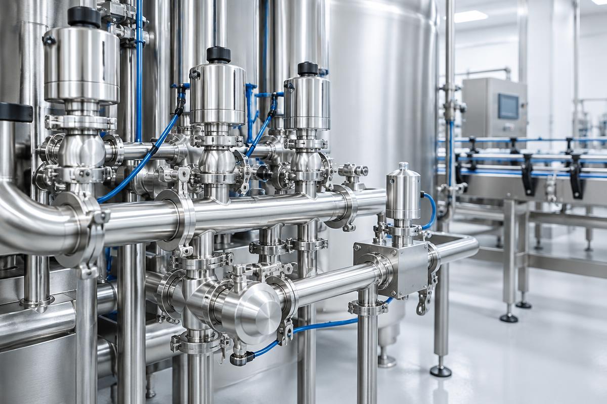 Hygienic stainless steel valves and manifolds in food processing equipment