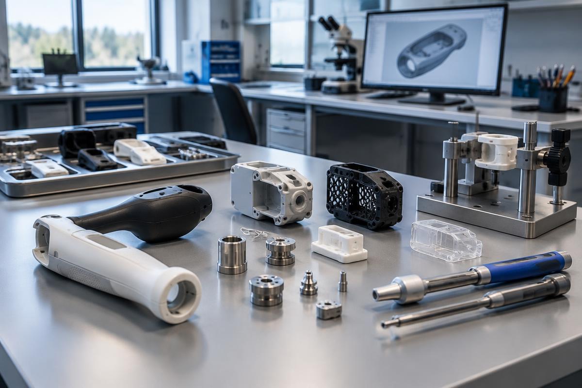 Medical device housings, precision parts and test fixtures in a development laboratory