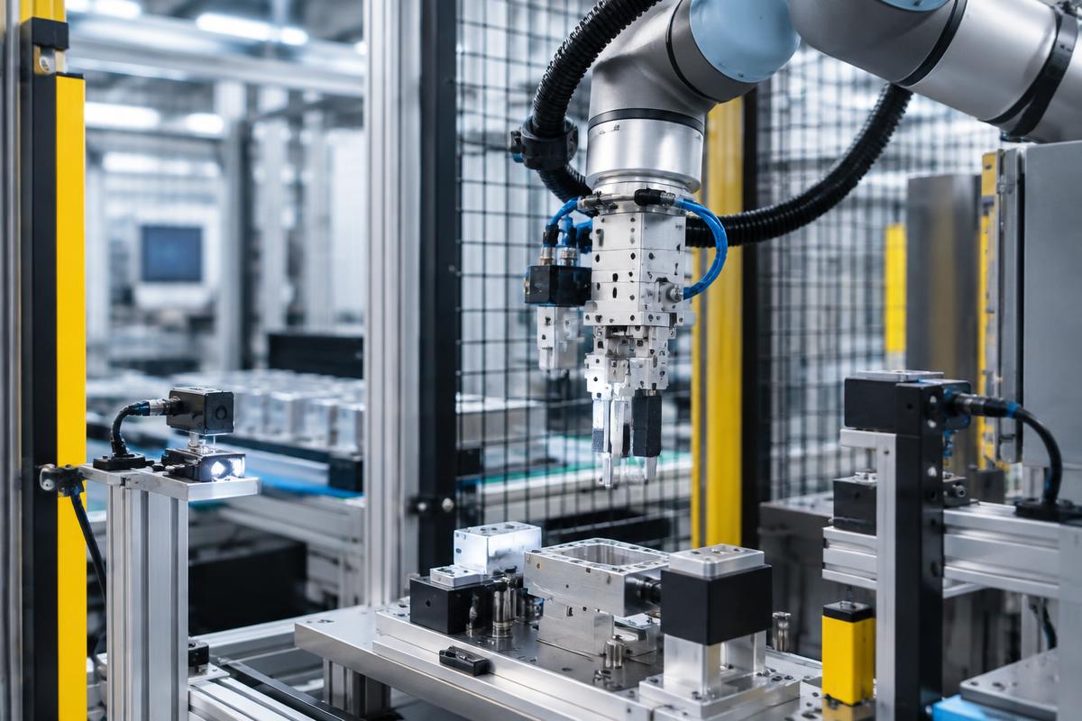 Robot end effector and precision fixtures inside a modern automation cell